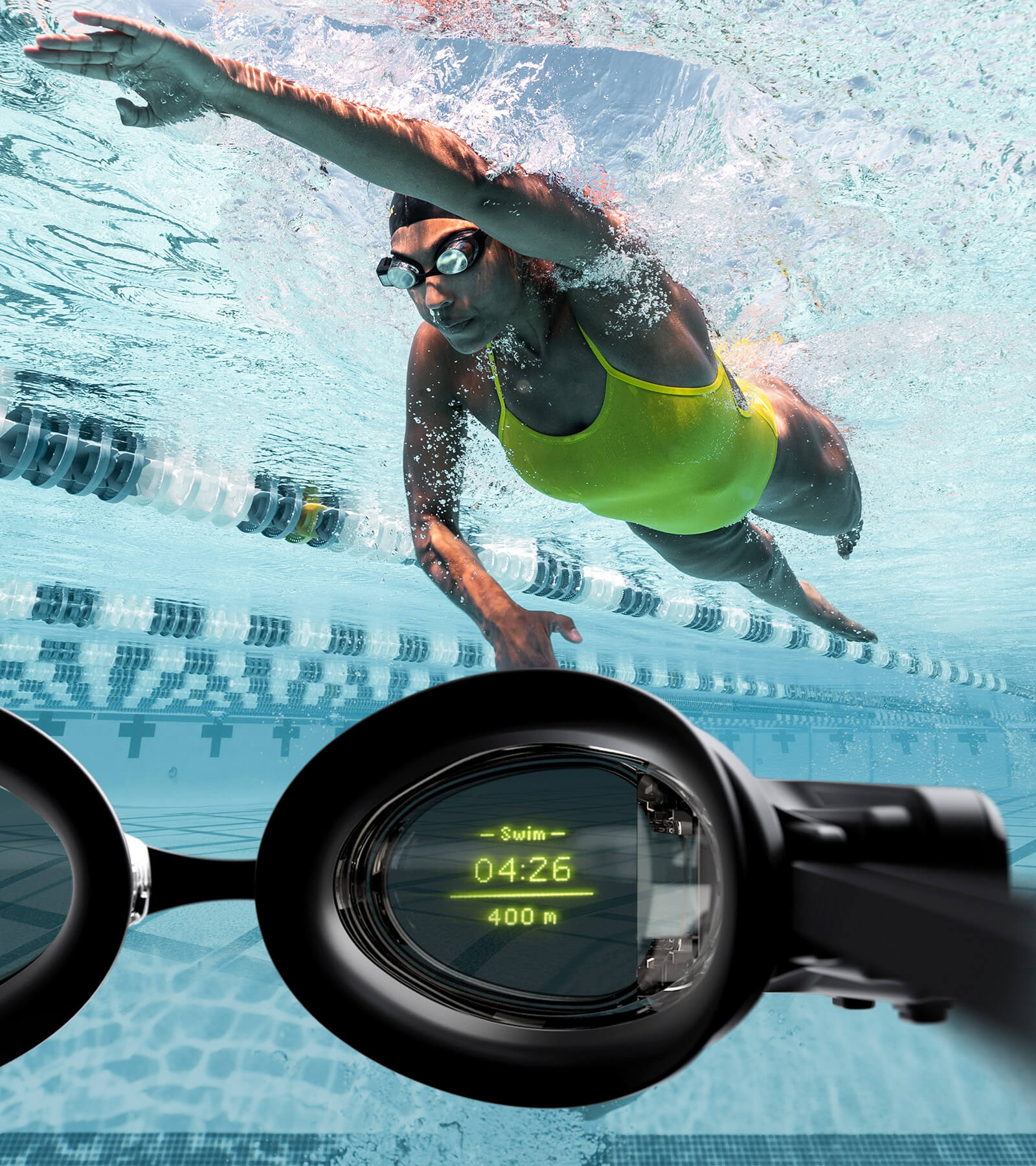 Close up swim metrics in the lens and a swimmer wearing FORM smart swim goggles