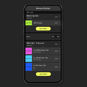 Smartphone screen showing the FORM swim training app interface with detailed metrics and workout customization options.