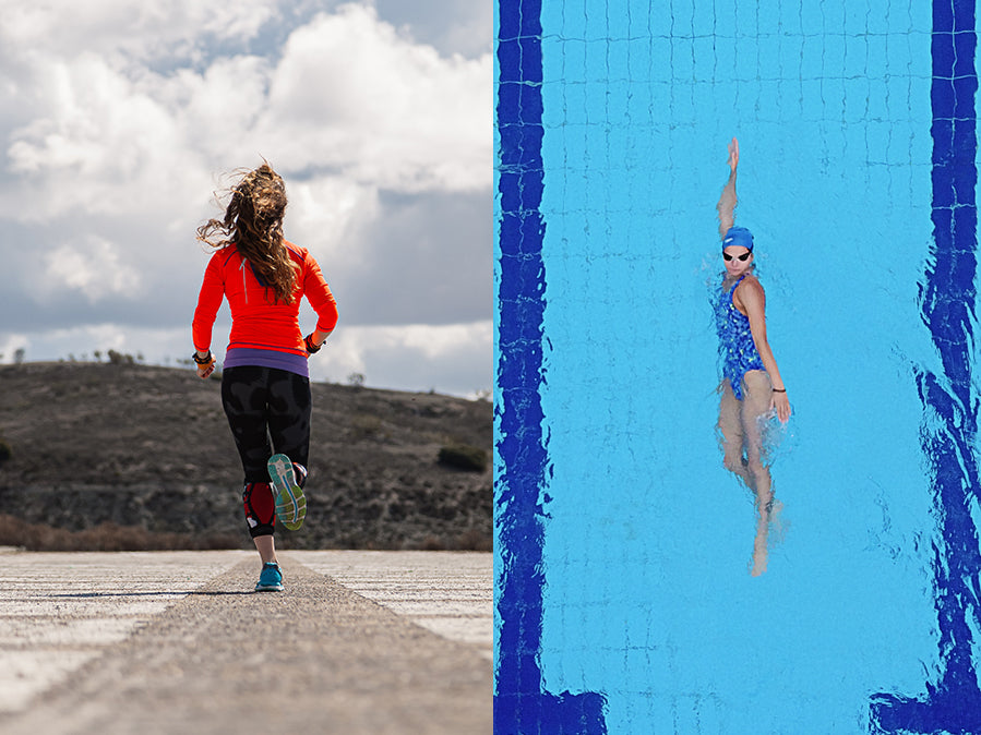 split image of swimmer and runner